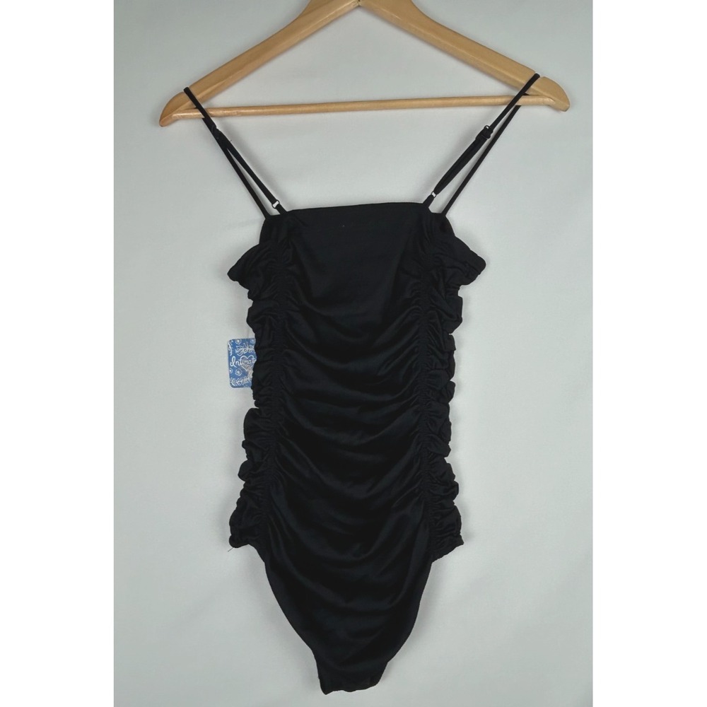 Free People Intimately On your Side Ruched Black Spaghetti Strap Bodysuit Sz: XS